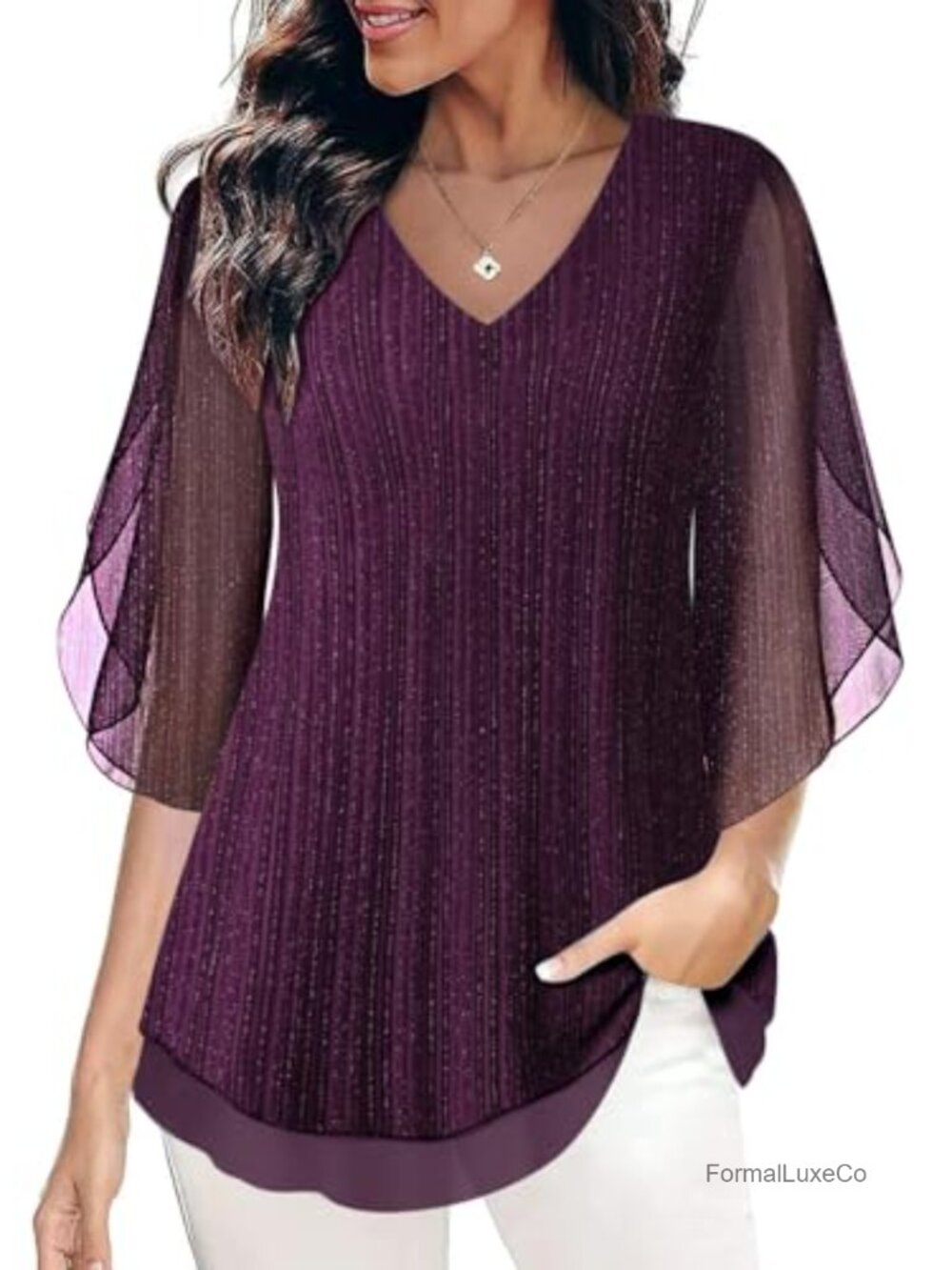 Womens Ruffle 3/4 Sleeve Mesh Blouse Loose Flowy Stretchy Top